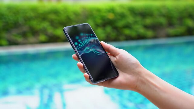 Diverse hand holding sleek smartphone with vibrant abstract data. Blurred azure pool, tropical foliage, golden hour light. Seamless global digital communication concept