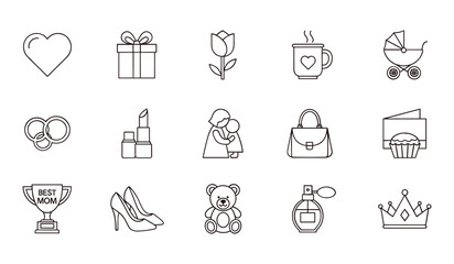 Fototapeta premium Black and white line set featuring gift wrap love heart baby carriage makeup shoes and other symbols