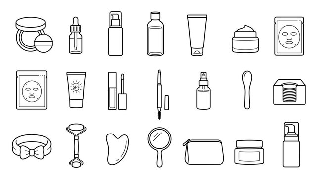 Minimal skincare and beauty line icons set with bottles, cream jar, cleanser tube, soap, lipstick, brush, mirror, gua sha and cosmetic products