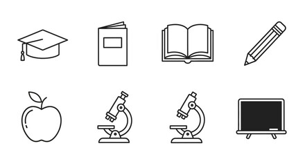 Educational icons graduation cap books pencil apple microscope blackboard © Andini