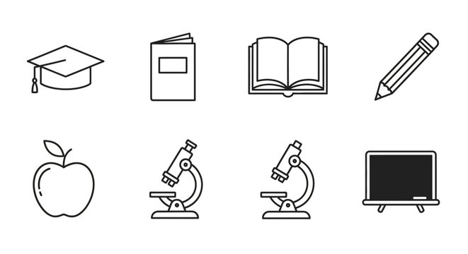 Educational icons graduation cap books pencil apple microscope blackboard