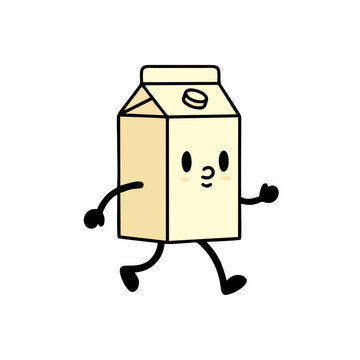 A smiling milk carton character walks happily in a playful scene.