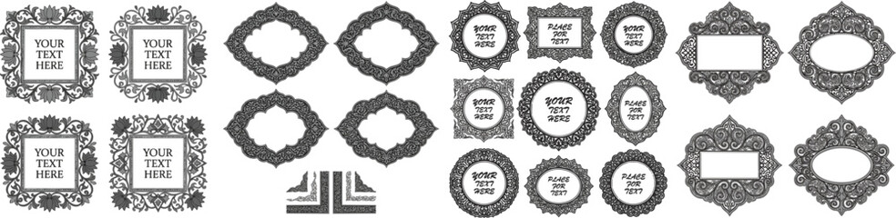 Obraz premium Set of decorative frames Elegant vector element for design in Eastern style, place for text. Floral black and gray frames. Lace illustration for invitations and greeting cards, vector isolated on whit