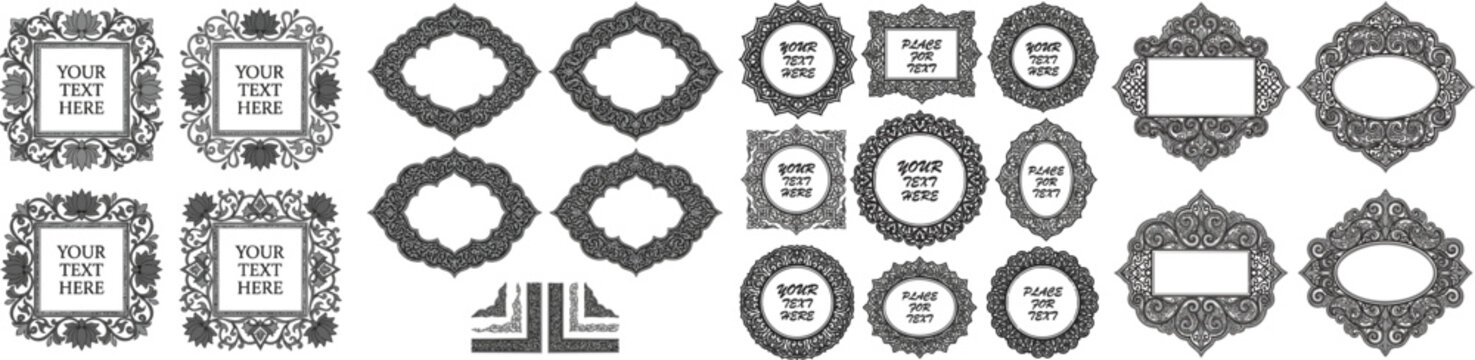 Set of decorative frames Elegant vector element for design in Eastern style, place for text. Floral black and gray frames. Lace illustration for invitations and greeting cards, vector isolated on whit