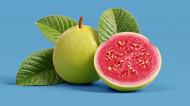 Fresh guava fruit with green skin and pink flesh, whole and sliced, accompanied by green leaves on a blue background