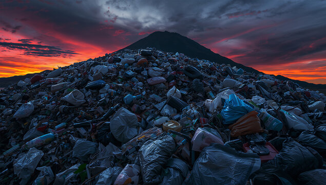 巨大なごみの山が山の夕景と対峙する深刻な汚染風景