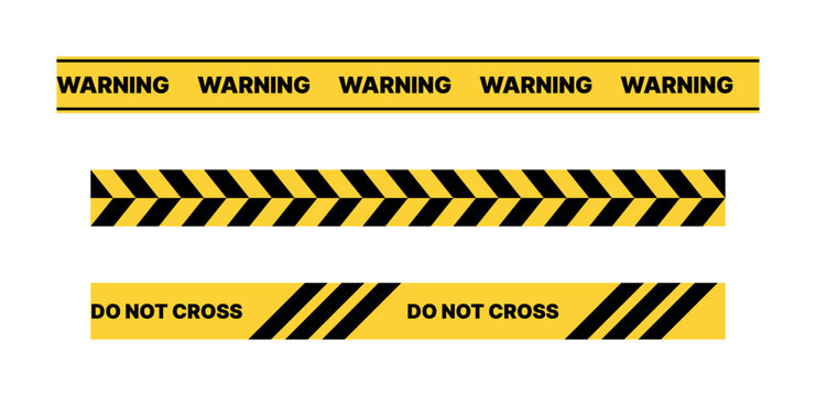 Do not cross yellow warning tape with black diagonal stripes isolated on transparent background, security barrier design for restricted areas construction hazard zones and safety alerts