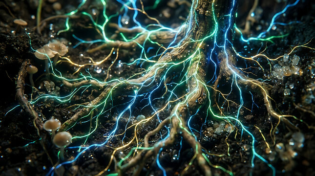 Mystical Root Network: Illuminated roots interwoven with vibrant, glowing energy, creating a dynamic portrayal of life's invisible connections.