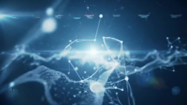 Expansive cinematic cgi video: abstract futuristic neural network, bioluminescent digital particles, shimmering lines, pulsating core, cosmic-blue background. Concept of limitless potential
