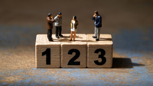 Miniature figures standing on numbered steps 1 2 3