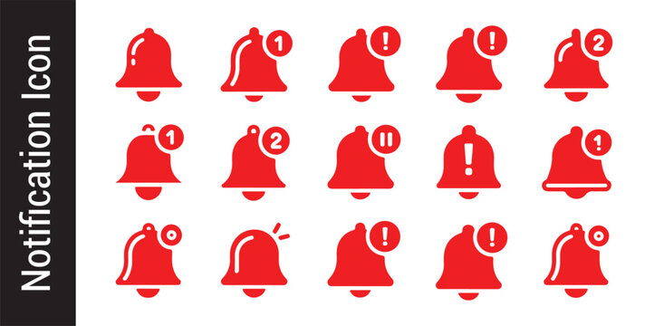 Set of red notification bell icons representing alerts and messages for mobile apps and websites.