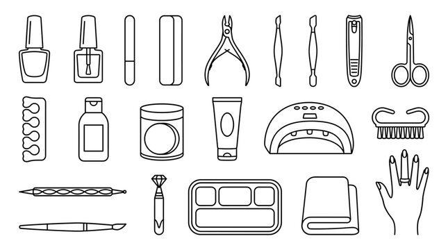 Minimal manicure line icons set with nail polish, clippers, tweezers, scissors, UV lamp, files, hand, cream, cotton pads and salon tools