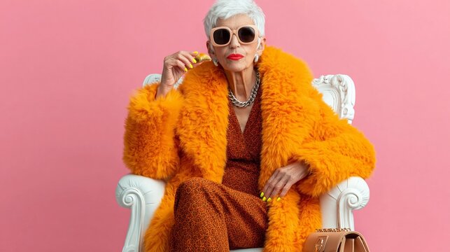 Elderly woman with short white hair wearing oversized sunglasses and an orange fur coat poses confidently in a white chair against a pink background