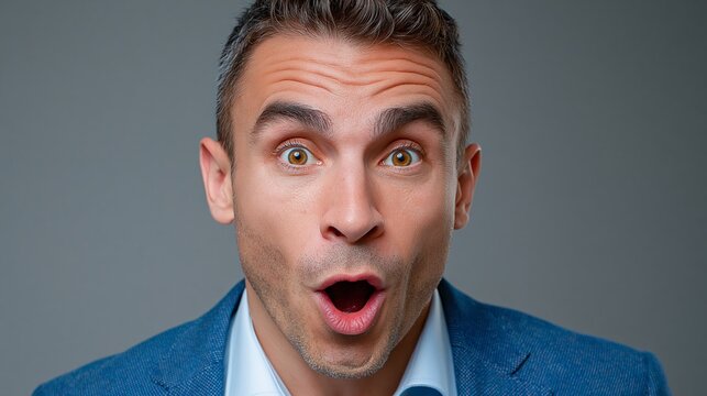 Male model with short brown hair and light skin, wearing a blue blazer, expresses surprise with an open mouth and wide eyes against a gray background