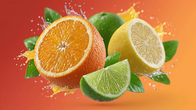 Fresh citrus fruits including orange, lemon, and lime with splashes of water against a vibrant gradient background showcasing vivid colors and natural elements