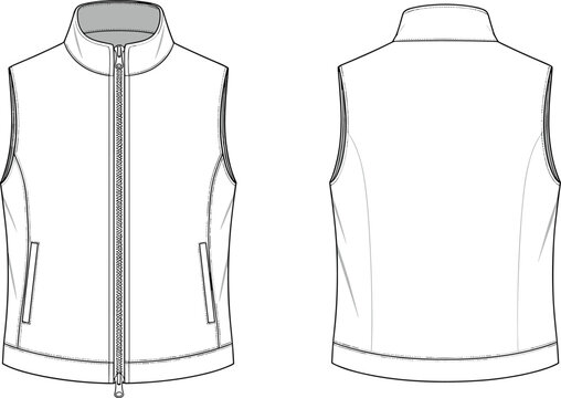 Sleeveless vest technical flat sketch front and back view zip up jacket with pockets detailed apparel design illustration