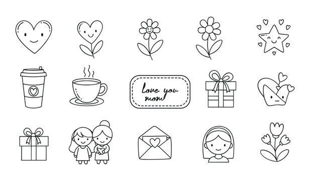 Cute black and white doodles of hearts flowers gifts coffee cup envelope and people smile