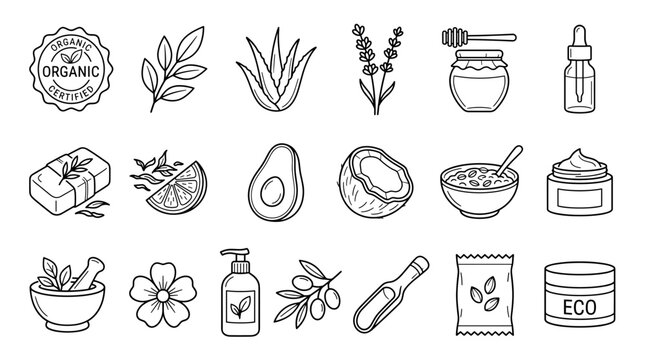 Organic skincare line icons set with aloe vera, herbs, honey, avocado, soap, cream, serum, flowers, eco label and natural beauty products