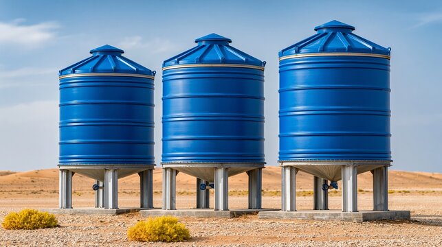 Three blue water storage tanks on elevated platforms in a dry desert landscape with sparse vegetation and a clear blue sky in the background