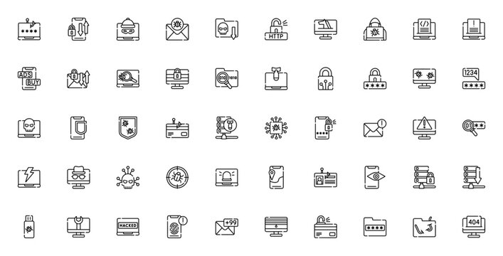 Cyber Crimes icon set. Minimalist vector pack. Includes symbols for phishing, hacker, ransomware, data theft, antivirus, spyware, password, security and more. Editable stroke.