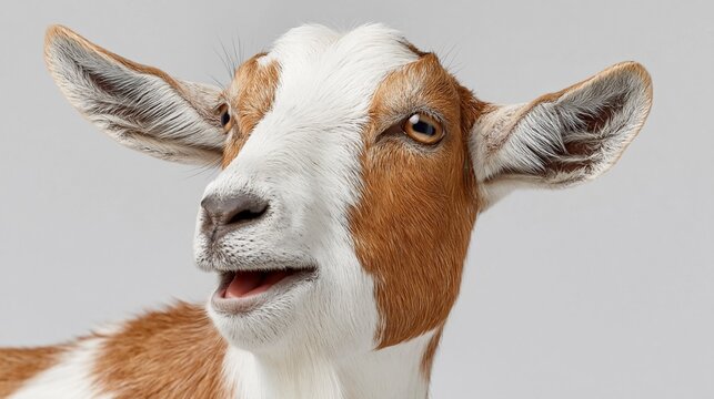 Close-up of a domestic goat with brown and white fur, showcasing its expressive face and large ears against a neutral background