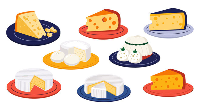 Delicious cheese slices and wheels of various types on plate. Healthy organic dairy product. Food ingredient. Flat style vector illustration
