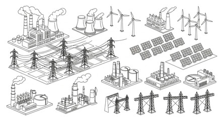 Obraz premium Industrial energy infrastructure and power generation facilities illustration.