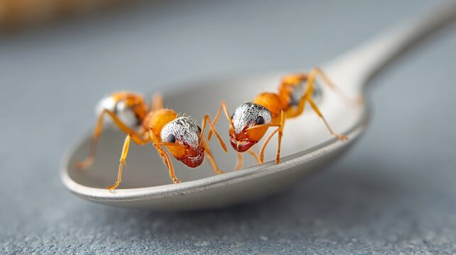 Close-up of two orange ants on a silver spoon against a blurred background, showcasing intricate details of their bodies and antennae in a macro photography style