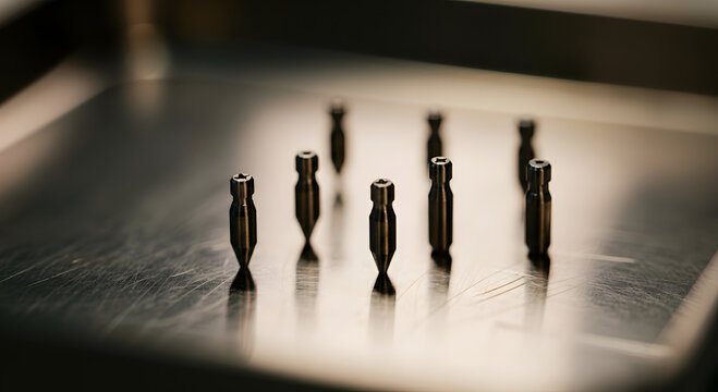 Macro photography ultra precise biocompatible micro screws resting brushed surgical steel tray.