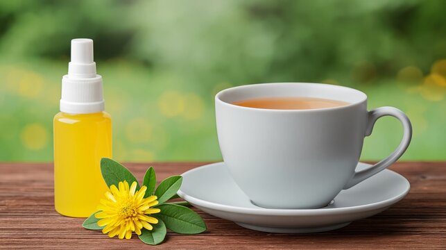 Yellow herbal spray bottle beside a gray cup of tea on a wooden table with green foliage and yellow flowers in the background creating a natural setting