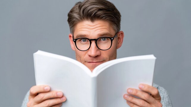 Male reader with glasses holding an open book, looking at the camera with a neutral expression, gray background providing a clean and simple backdrop for the subject
