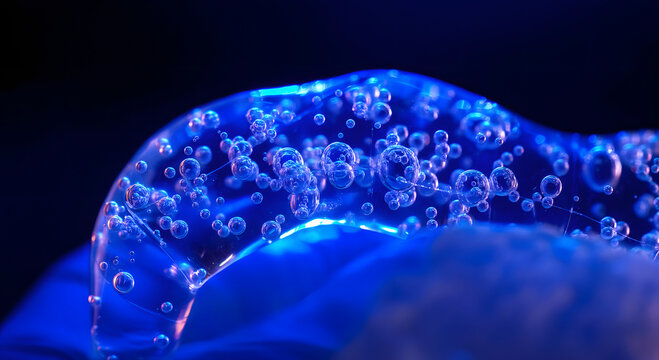 Photorealistic close up transparent hydrogel polymer tissue engineering microscopic air bubbles UV.