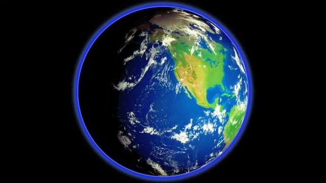 Realistic planet Earth rotating in space against a black background, showing continents and clouds.
