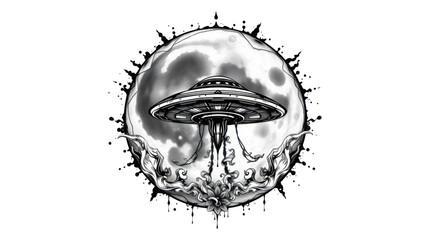Ufo Hovering over a Mystical Lotus Flower and Moon Illustration in Intricate Black and White Style © ZeinLens
