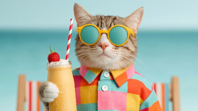 Cat wearing yellow sunglasses and colorful shirt holds a smoothie with a strawberry on top, sitting in front of a beach background with lounge chairs