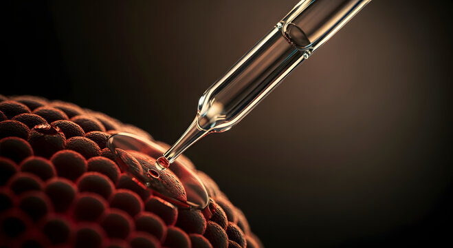 Extreme macro microscopic glass pipette injecting clear fluid droplet dark biological void.