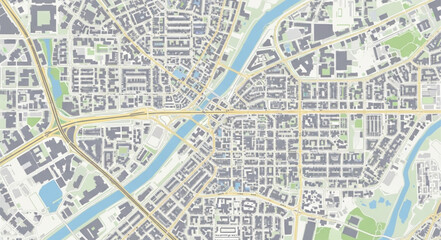 Obraz premium Aerial view of a city map with river and roads.