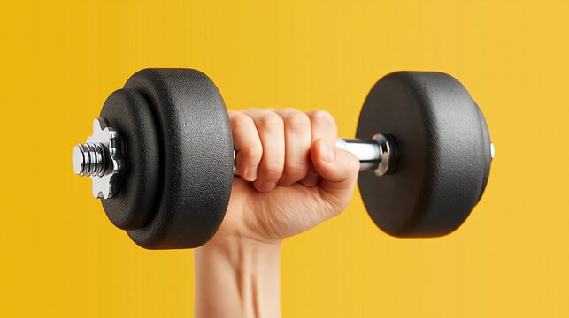 Close-up of a hand lifting a black dumbbell against a bright yellow background, showcasing fitness and strength training equipment for exercise enthusiasts