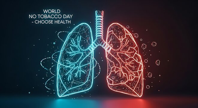 Dichotomy of lungs - health vs harm blue and red neon. low world no tobacco day no smoke save world dichotomy particles background. low world no tobacco day, no smoke save world