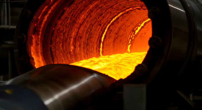 Macro glowing molten salt flowing highly pressurized concentrated solar power steel pipe.
