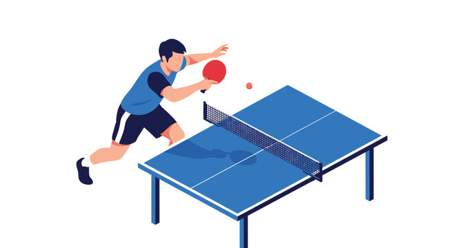 Isometric illustration of a male player hitting a ball with a paddle during a fast-paced table tennis match on a blue table.