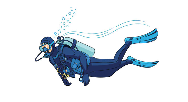Scuba diver swimming underwater in a full diving suit with gear, breathing bubbles in a clean minimalist style on white background.