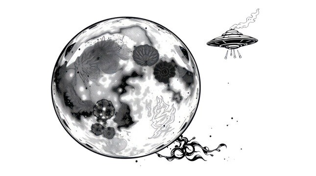 Moon Landing Science Fiction Illustration with a Mysterious Flying Saucer Approaching the Cosmic Lunar Surface