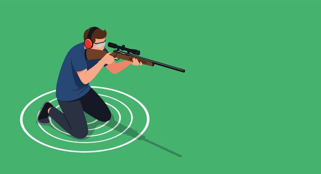 Professional sniper aiming a rifle with a scope while kneeling on a target mark, set against a solid green background for sport.