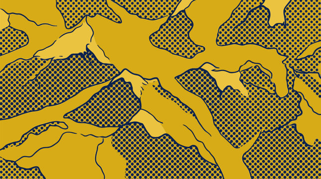 Abstract two-tone yellow and blue mountain terrain background with comic pop art halftone dot shading