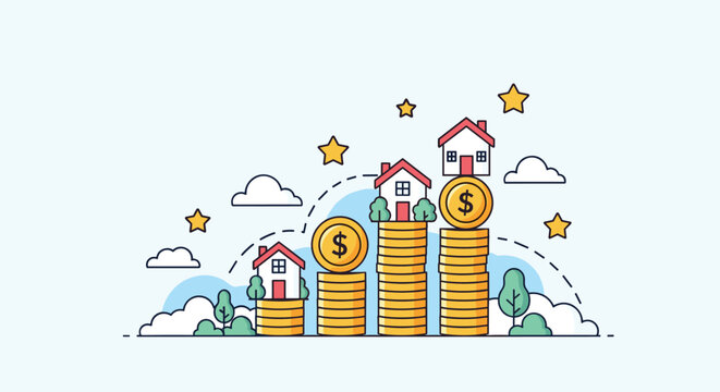 Real estate investment concept showing houses perched on stacks of gold coins against a sky background with clouds and stars.