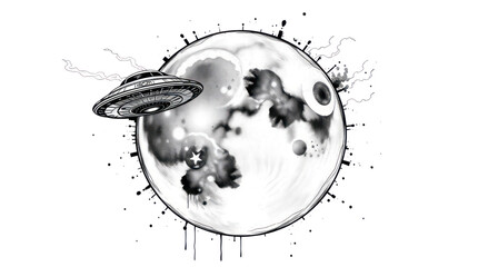 Space Themed Artwork Featuring an Abstract Ufo Flying Past a Stylized Full Moon © ZeinLens
