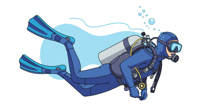 Professional scuba diver in full gear swimming underwater with air bubbles and a simple blue background representing marine exploration and sports.