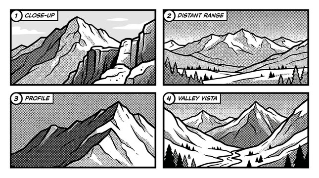 4-panel comic book storyboard layout featuring monochrome mountain landscapes, halftone dot shading, and retro pop art style