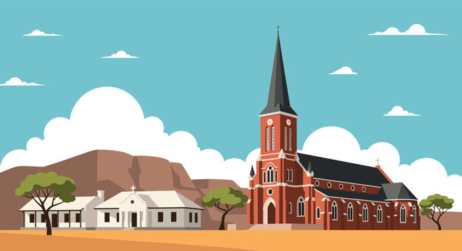 Traditional red brick church building with a tall steeple situated in a scenic landscape with mountains, trees, and small white houses nearby.
